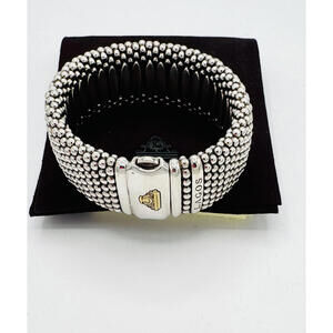 Authentic Lagos Polished Sterling Silver 18K Gold Accent Caviar Cuff